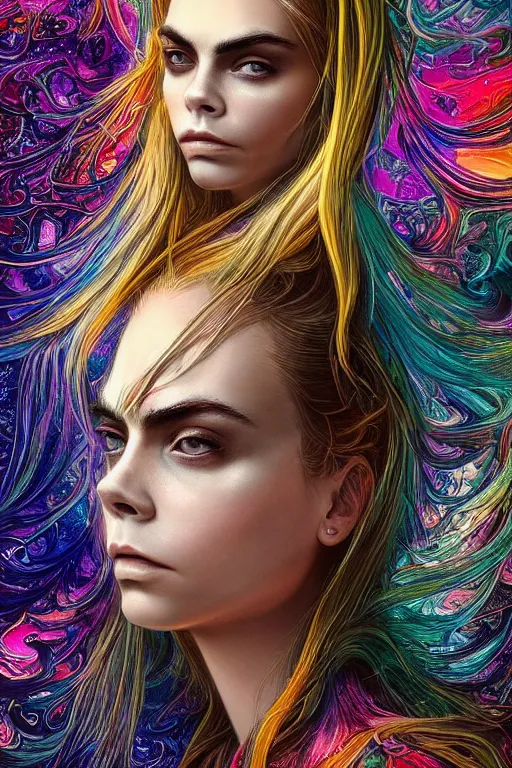 Image similar to !dream an absolutely gorgeous portrait of Cara Delevigne by Android Jones, wings, fractals, Gorgeous colors, face symmetry, insane detail, gorgeous colors, strong composition, awe inspiring lighting, psychedelic, volumetric light, symmetry, subsurface scattering