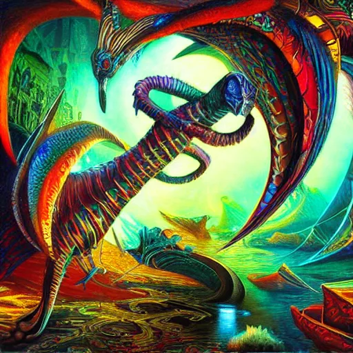 Prompt: dmt trip puzzle serpent mathematical object metaverse by raymond swanland, highly detailed, bright tones