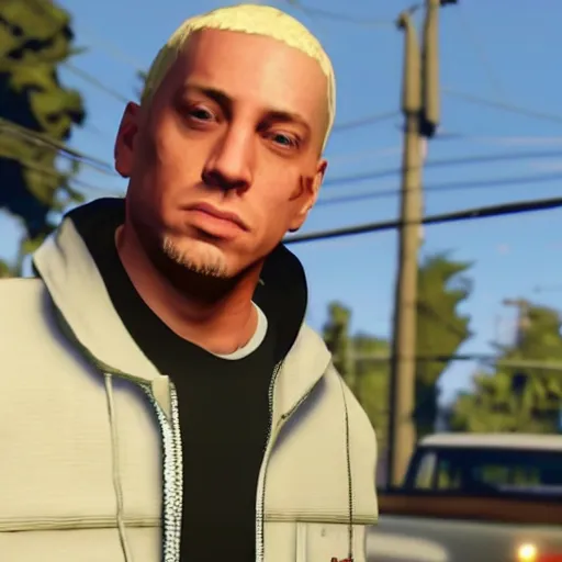 Prompt: Screenshot of Eminem in the game GTA V, highly detailed