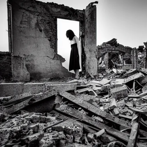 Prompt: black and white photo of lonely mad young lady in the ruins of redevelopment area