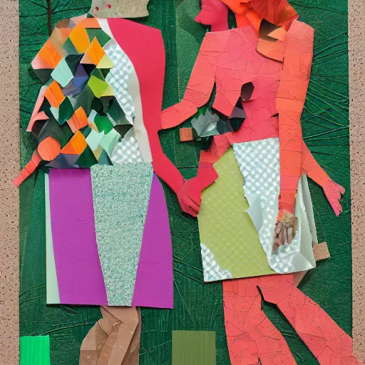 Prompt: paper collage art made of cut up magazines depicting two women holding hands in a forest