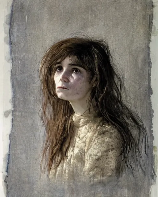 Image similar to a beautiful but sinister girl who looks like a young shirley henderson in dead space, with haunted eyes and crazy hair, horrifying, 1 9 7 0 s, seventies, delicate embellishments, a little blood, crimson, painterly, offset printing technique, by jules bastien - lepage