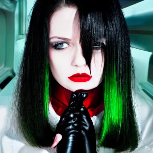 Image similar to Android girl, very pale skin, red lipstick, green eyes, jet black hair, cherry-red jacket, black leather pants, boots, hair over one eye, futuristic capsule hotel