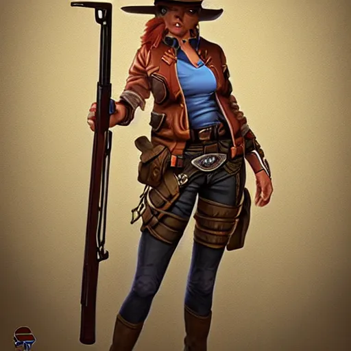 Image similar to full body, female cowgirl, perfect face, long rifle, 8 k, magic the gathering, d & d, artstation