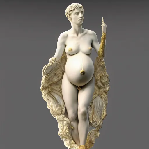 Image similar to a roman statue made of white marble with gold veins, of an beautiful pregnant woman, flowing roman dressm perfect symmetrical body, perfect symmetrical face, closed eyes, hyper realistic, hyper detailed, fujicolor superia, bokeh background, full body shot, by peter kemp, by monia merlo octane render, blender, 8 k