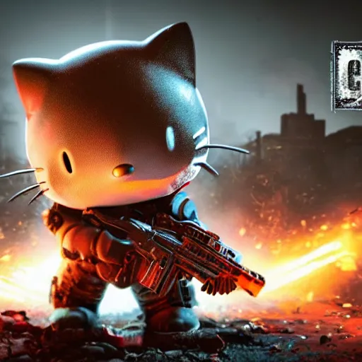 Image similar to Hello Kitty in Gears of War, splash art, movie still, detailed face, cinematic lighting, color, dramatic, octane render, long lens, shallow depth of field, bokeh, anamorphic lens flare, 8k, hyper detailed, 35mm film grain