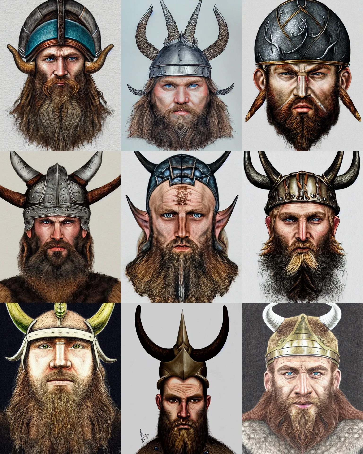 Prompt: very detailed colored pencil drawing a head of a beared viking wearing horned helmet, white wall background, front face symmetrical, trending on artstation, fine art, thin lines