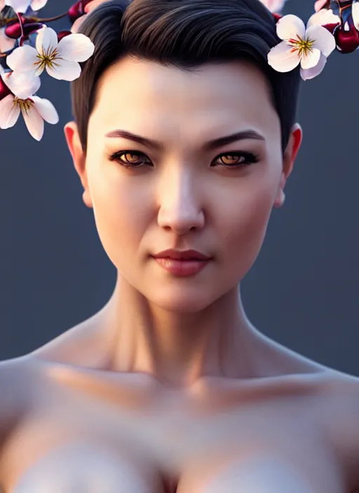 Prompt: photo of a gorgeous female with short gray hair in the style of stefan kostic, realistic, body shot, sharp focus, 8 k high definition, insanely detailed, intricate, elegant, art by stanley lau and artgerm, cherry blossoms