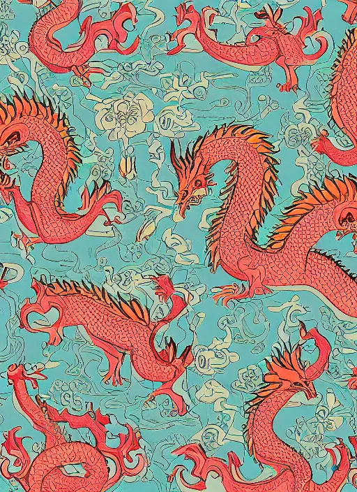 Prompt: ancient dragon and flowers fabric design pattern, 4 k