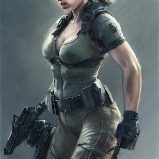 Image similar to solid snake played by by scarlett johansson, face portrait, hd shot, digital portrait, elegant, beautiful, fantasy art, artstation, comic style, by artgerm, guy denning, jakub rozalski, magali villeneuve and charlie bowater