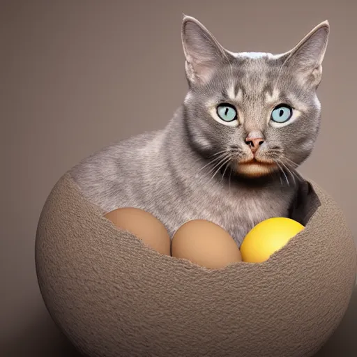 Prompt: A cat hatching from an egg, studio lighting, photorealistic, 4K