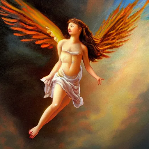 Prompt: angel ascending to heaven, oil painting, beautiful