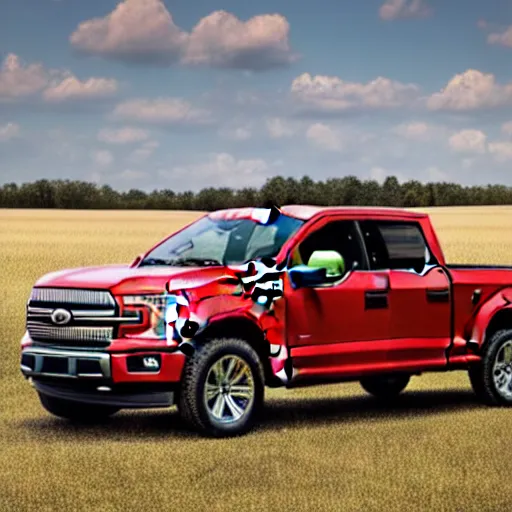 Image similar to A photograph of a red Ford F-150 pickup truck (2018) in a farm field, photo taken in 2018