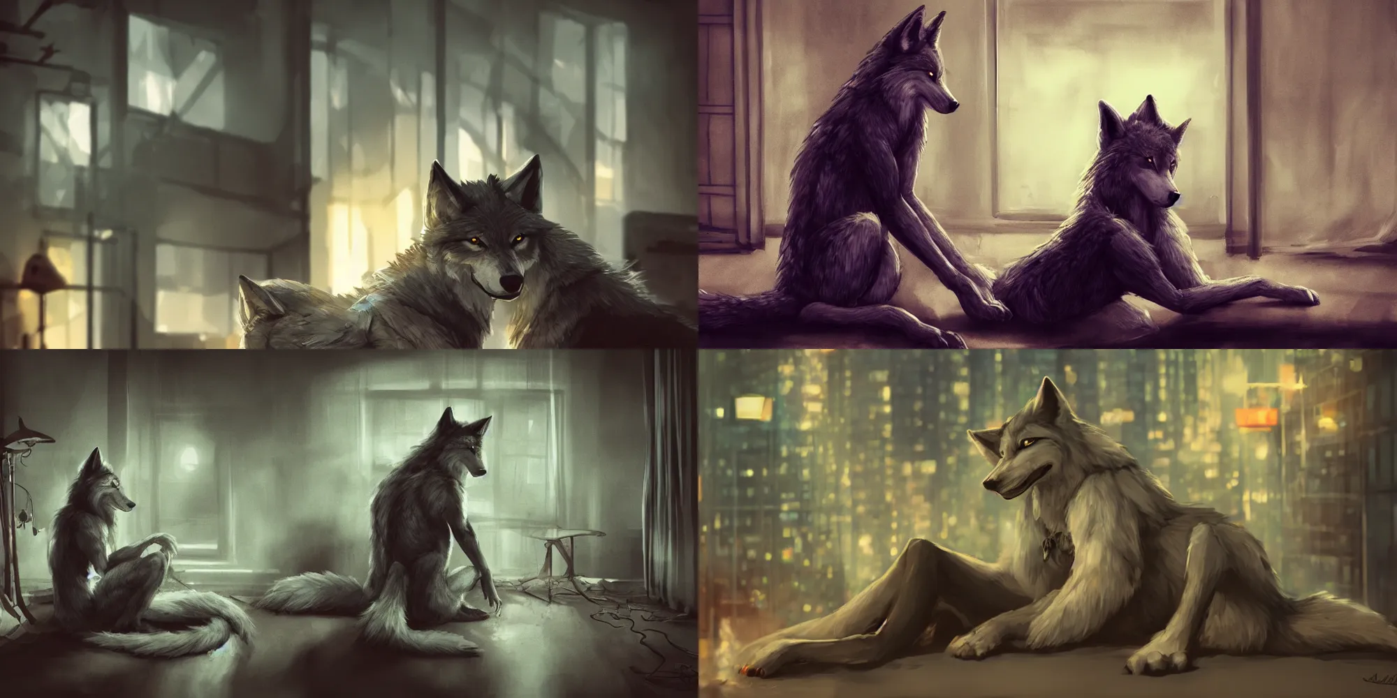 Prompt: an anthro wolf furry wearing casual clothes, living room, urban fantasy, cinematic, lo-fi, atmospheric, bokeh, award-winning, trending on artstation
