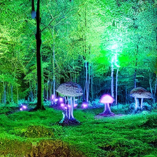 Image similar to overgrown forest, phosphorescent mushroom glowing in the dark, bright colors, sylvan aesthetic