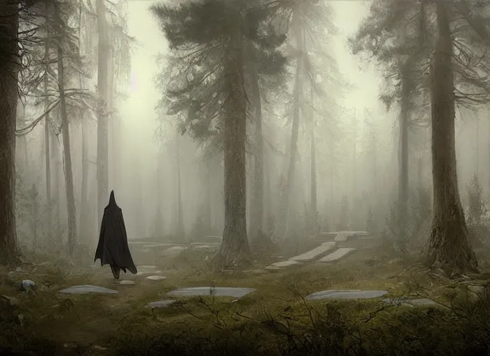 Image similar to A hooded figure aproaching an old temple in a forest, foggy, Ivan Shishkin and Greg Rutkowski