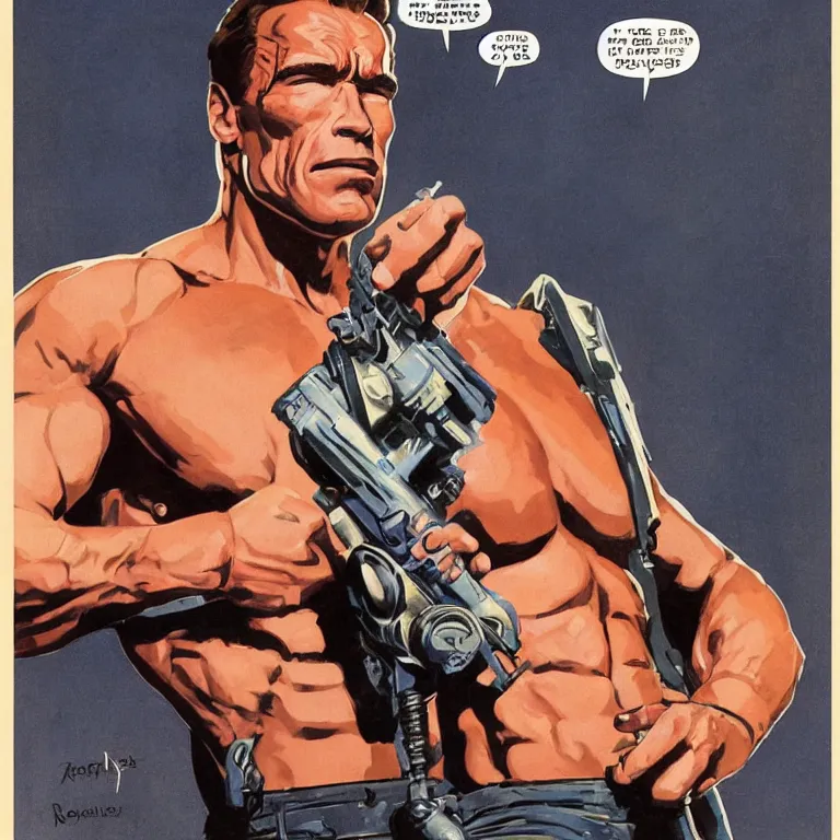 Prompt: scifi portrait of Arnold Schwarzenegger by Robert McGinnis, pulp comic style, circa 1958, photorealism