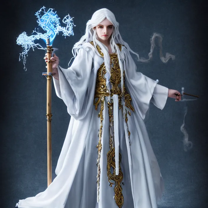 Prompt: photograph of a real-life beautiful elemental air witch with ornate white robes and staff. Extremely detailed. 8k