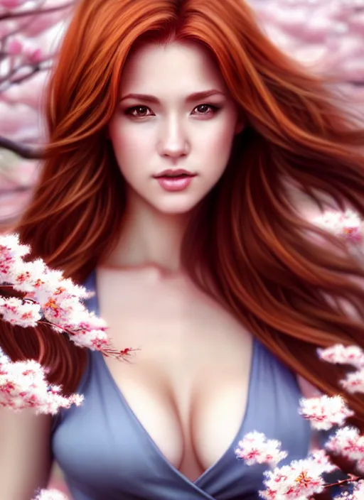 Prompt: photo of a gorgeous female with auburn hair in the style of stefan kostic, realistic, half body shot, sharp focus, 8 k high definition, insanely detailed, intricate, elegant, art by stanley lau and artgerm, cherry blossoms background