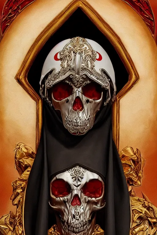 Prompt: ultra realistic illustration, 3 d render of a nun with a skull helmet red and gold accents, gothic, dark, hacknaut, fantasy, intricate, elegant, highly detailed, digital painting, artstation, concept art, smooth, sharp focus, illustration, art by artgerm and greg rutkowski and alphonse mucha