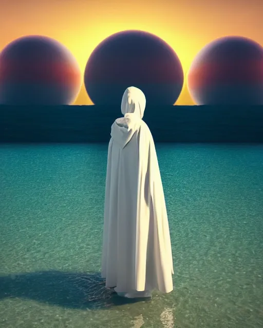 Image similar to a person wearing a white cloak that's blowing in the wind. they are standing in the water. a large planet with rings is visible in the sky. an album cover by stanley twardowicz, trending on cg society, retrofuturism, retrowave, chillwave, synthwave, 3 d render, unreal engine