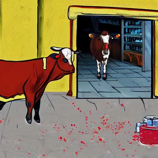 Image similar to a cow steals wine from a market stall. one of the bottles breaks spilling its contents on the street. a guard is going after the cow, digital art