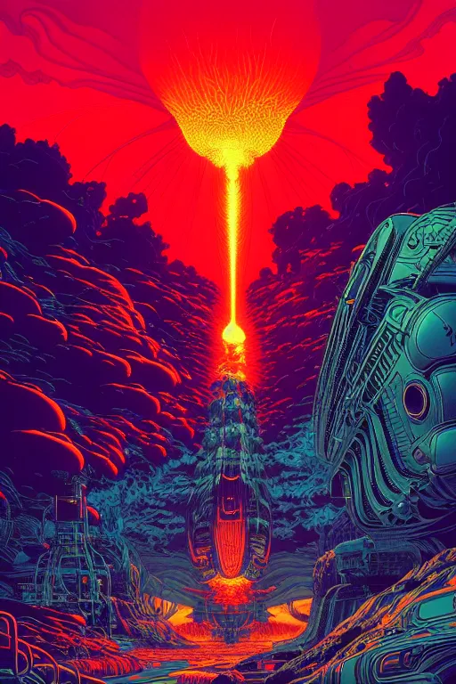 Image similar to artwork by kilian eng and ( dan mumford ) and toshi yoshida and franklin booth showing a futuristic powerstation!! in front of a ( ( exploding volcano ) ), vintage scifi, high details, dramatic lightning,, 8 k