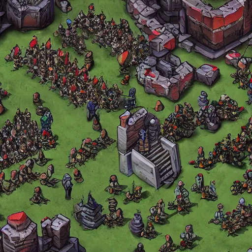 Image similar to Evil mage is standing on top of his tower, raising hands up high and leading his horde of zombies to outer lands. Isometric, high angle, big scale battle map. Highly detailed digital art, unreal engine.