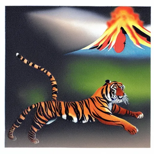 Image similar to A tiger running away from an erupting volcano