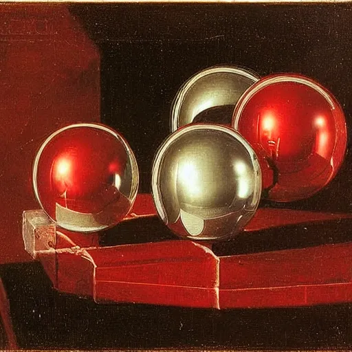 Prompt: chrome spheres on a red cube by annibale carracci