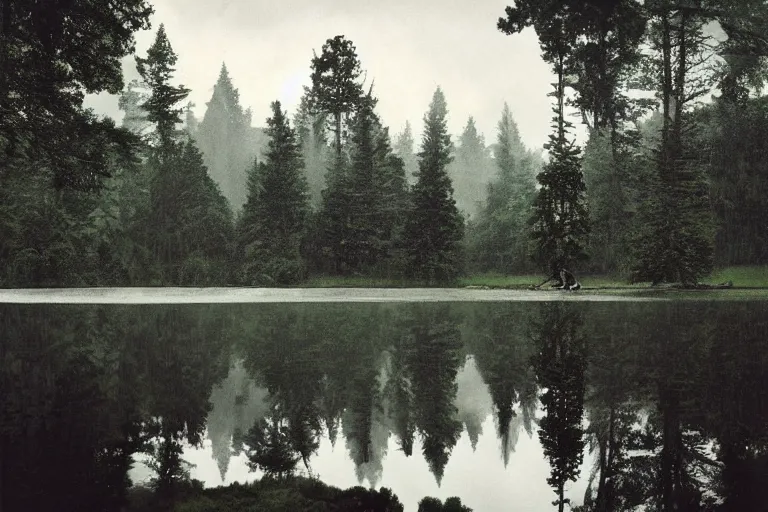 Image similar to an brutalist spaceship forming from a lake surrounded by trees, serene vast landscape, rainy day, beautiful lighting, high depth, ultra realistic, artistic, by annie leibovitz