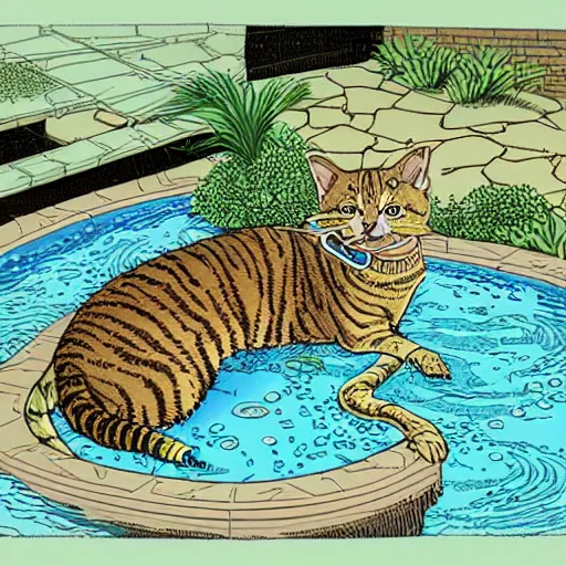 Prompt: tabby cat alligator pool “ geoff darrow ” production art