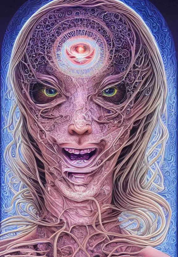 Prompt: perfectly centered portrait front view of a beautiful biomechanical moon goddess, flowing hair, intense stare, sweet smile, symmetrical, concept art, intricate detail, volumetric shadows and lighting, realistic oil painting by alex grey,