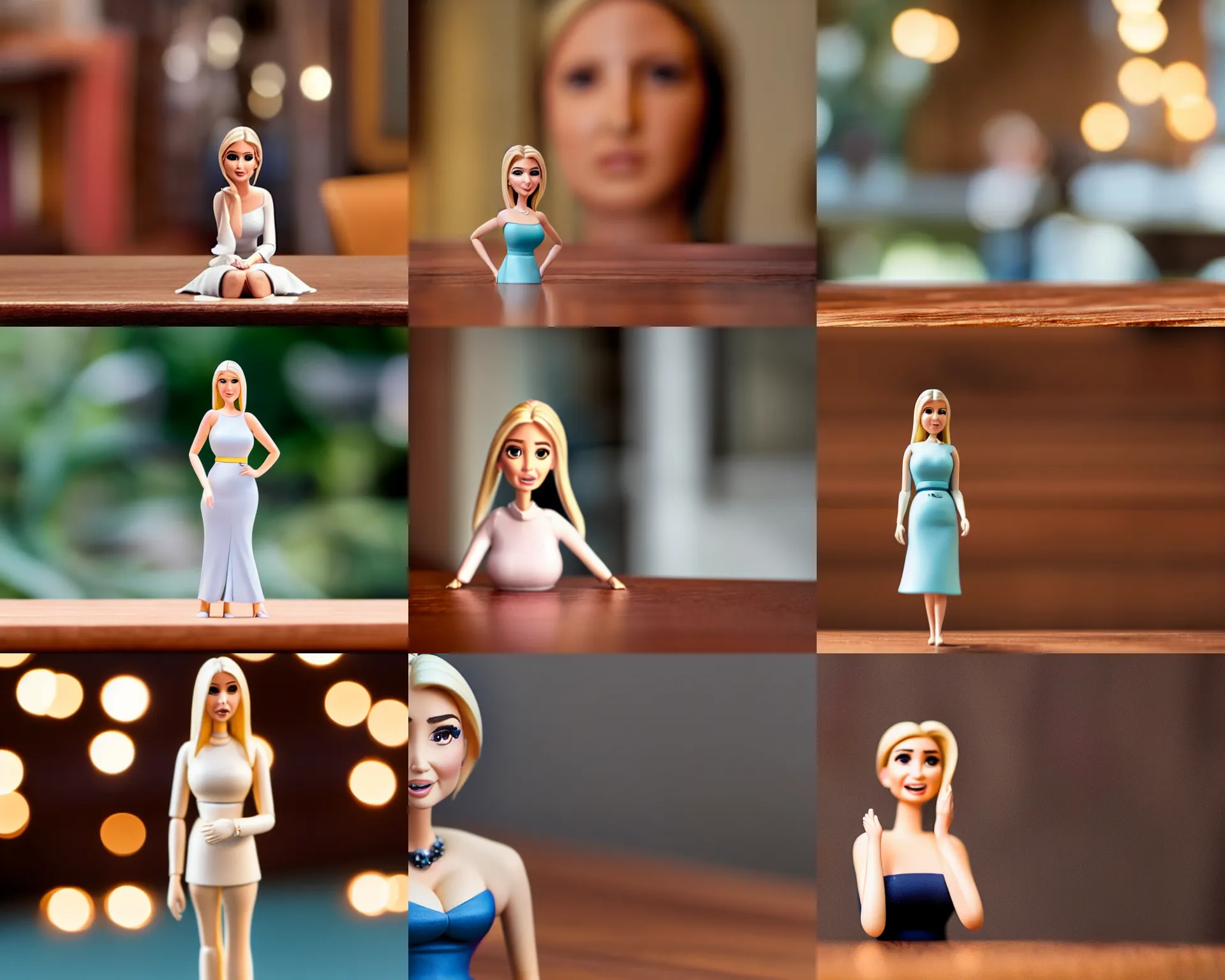 Prompt: ivanka trump figurine by pixar sad bokeh on wooden table.