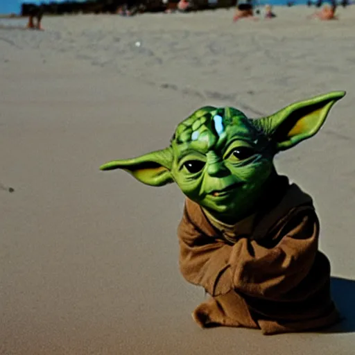 Prompt: a photo of yoda in a swimsuit at the beach