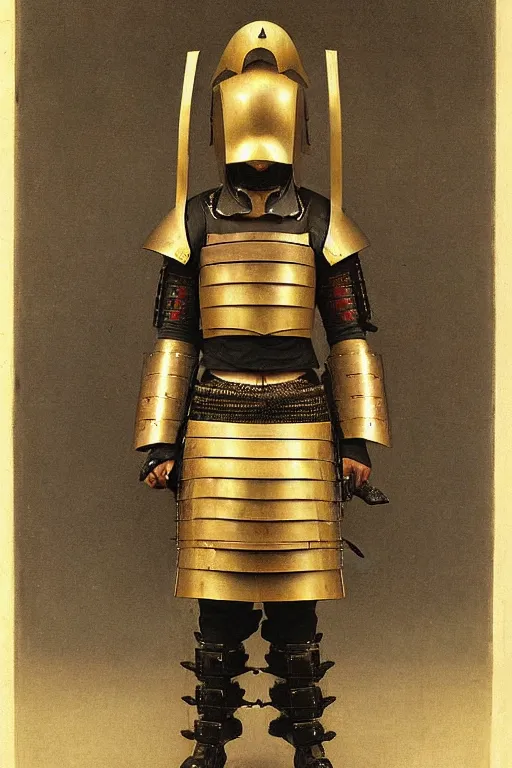 Prompt: a set of cyberpunk japanese samurai armor and helmet, by bouguereau