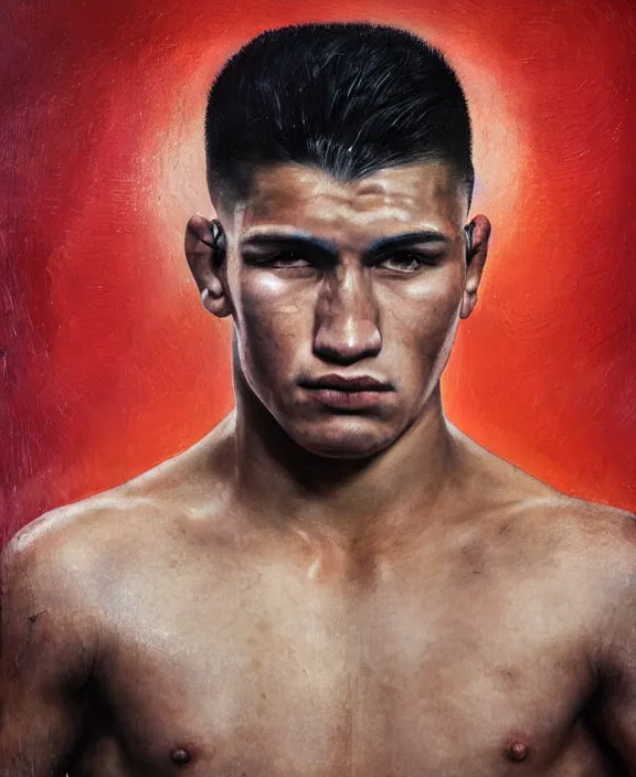 Prompt: heroic portrait of a handsome young mexican ufc fighter, art by denys tsiperko and bogdan rezunenko, hyperrealism