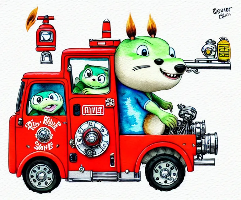 Image similar to cute and funny, beaver driving a tiny fire truck with an oversized engine, ratfink style by ed roth, centered award winning watercolor pen illustration, isometric illustration by chihiro iwasaki, edited by craola, tiny details by artgerm and watercolor girl, symmetrically isometrically centered