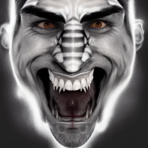 Prompt: x-ray scan of Beautiful face of very manly Gigachad with very big jaws, big eyebrows, smile like trollface, colorful face painting on grey scale face, powerful , magic, thunders, dramatic lighting, intricate, wild, highly detailed, digital painting, artstation, concept art, smooth, sharp focus, illustration, art by artgerm and greg rutkowski and alphonse mucha, footage from space camera