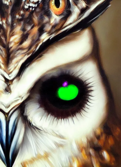 Prompt: realistic portrait beautiful painting of pathetic owl, triple eye pupil. facing right, fine art, sinister, trending on artstation, smooth draw, sharp focus, digital art, bright colors, fine draw, perfect lighting, high render, high resolution.