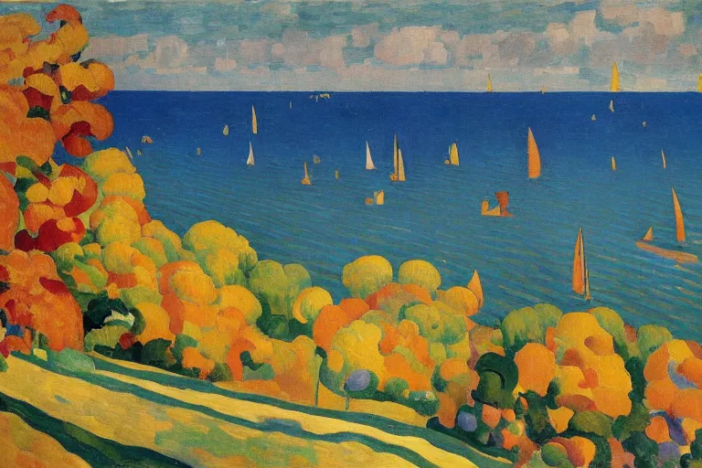 Image similar to A sprawling high resolution abstract landscape painting of the Chesapeake bay in the fall, bathed in golden light, peaceful, sailboats, birds in the distance, golden ratio, fauvisme, art du XIXe siècle, oil on canvas by André Derain, Albert Marquet, Auguste Herbin, Louis Valtat, Musée d'Orsay catalogue