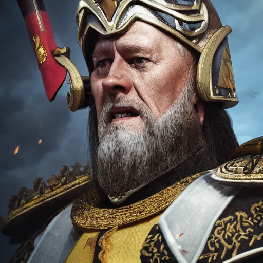 Prompt: Swedish king as a warhammer soldier, poster, cinematic, photoreal, octane, 8k, realistic