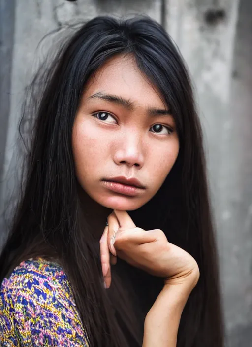 Image similar to Mid-shot portrait of a beautiful 20-years-old woman from Indonesia, with long hair, candid street portrait in the style of Martin Schoeller award winning, Sony a7R