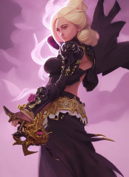 Image similar to beautiful and cool female dark magician, wide angle view, flowers, skulls, black, white, pink, gold colors, shiny, highly detailed, artgerm, cushart krenz, artstation, soft light, sharp focus, illustration, character design, concept art