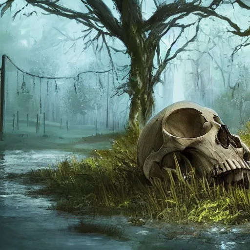 concept art of abandoned skull, trees, puddles of | Stable Diffusion ...