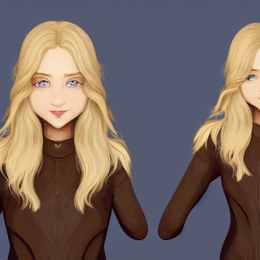 Prompt: portrait, 30 years old women :: fantasy :: blue eyes, long straight blonde hair, beeing happy, smiling :: attractive, symmetric face :: brown medieval cloting, natural materials :: high detail, digital art, RPG, concept art, illustration