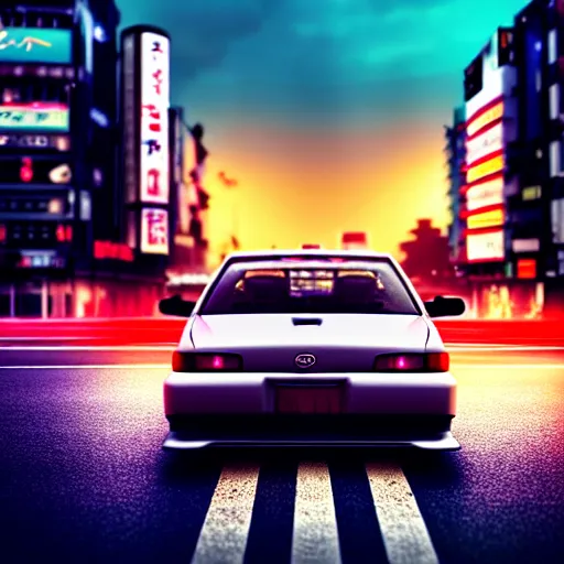 Image similar to a car driving JZX100 in middle of road, shibuya prefecture, city sunset, cinematic color, photorealistic, highly detailed, bokeh, DOF, octane render