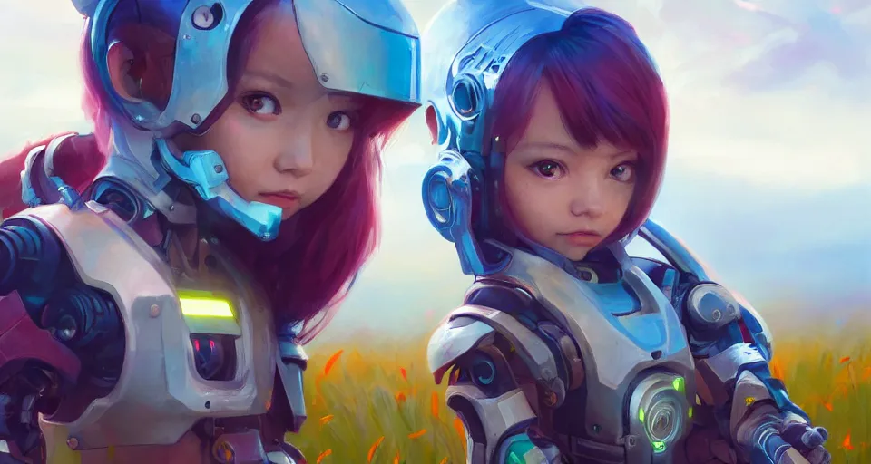 Prompt: a portrait of a chibi cyborg in a colorful field, by mandy jurgens and bayard wu and greg rutkowski, masterpiece, sharp focus, cinematic lightning, unreal engine, 8 k render