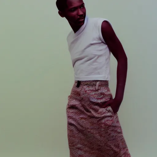 Prompt: realistic photoshoot for a new aime leon dore lookbook, color film photography, portrait of a beautiful person, in style of Tyler Mitchell, 35mm, graflex