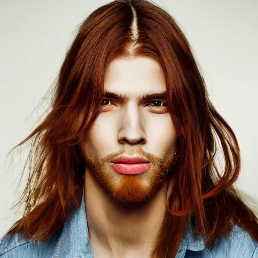 Image similar to a beautiful picture of a jong red blond european man wiht a sharp face and brown eyes, long hair, pointy nose, straight hair